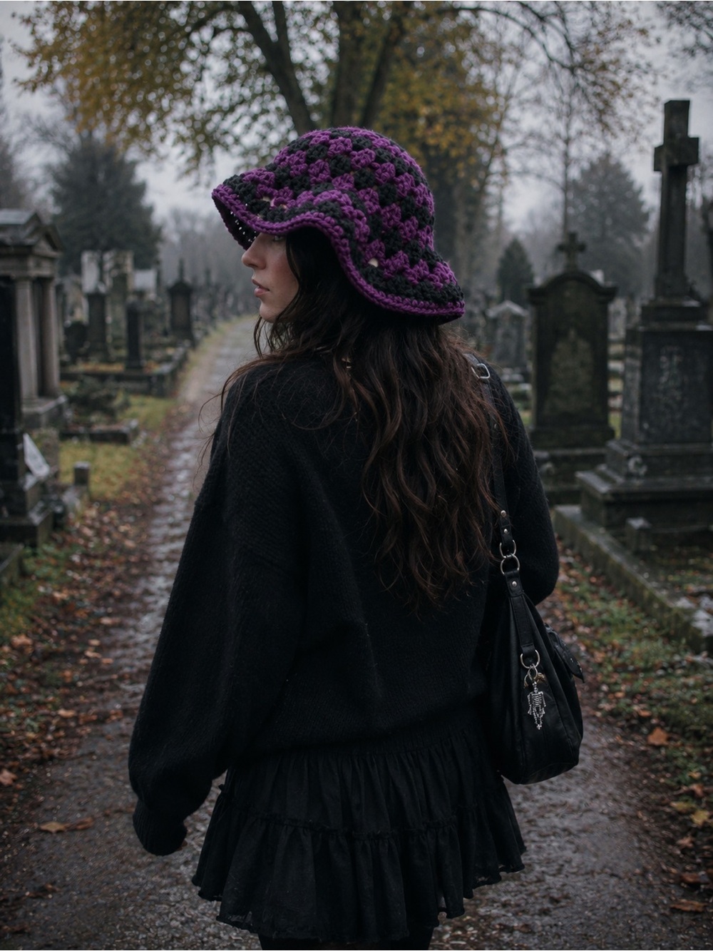 Purple & Black Crochet Bucket Hat | Acrylic Gothic Halloween Festival One Size